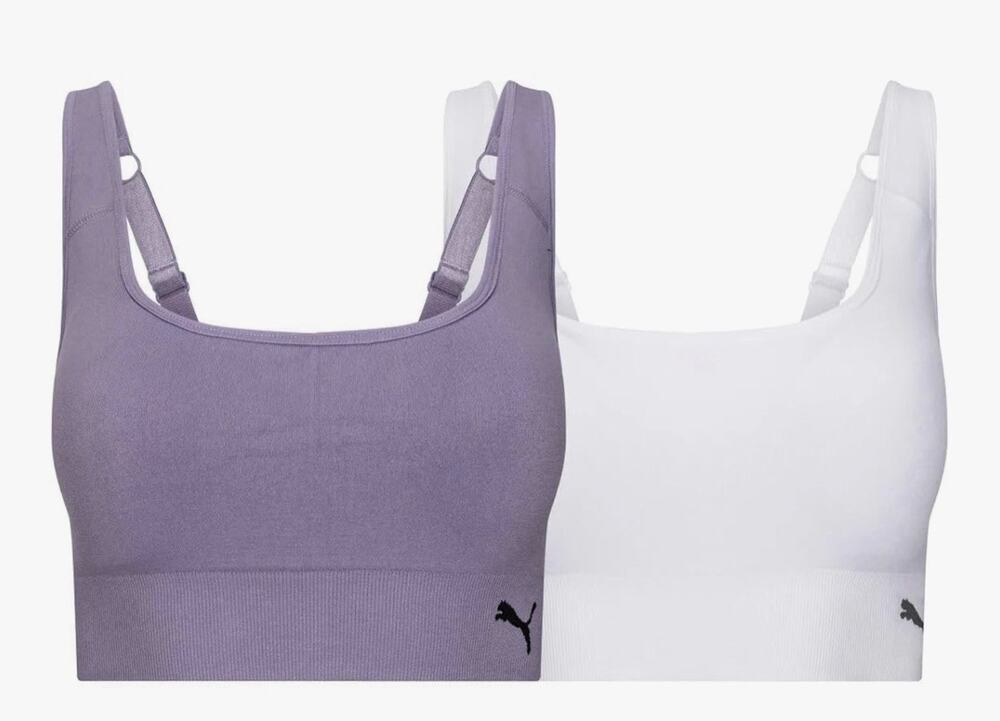 PUMA Women's Performance 2-Pack Seamless Sports Bras, White/Purple, L